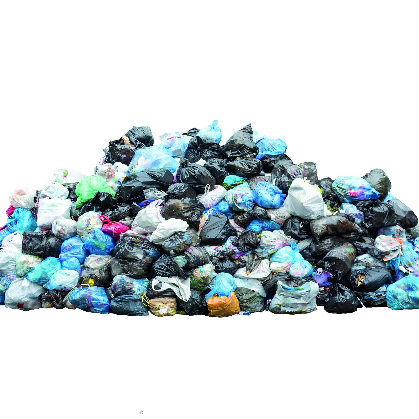 Big pile of garbage in black blue trash bags isolated on white background. Ecology concept. Pollution environment disaster.